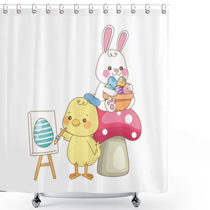 Personality  Little Rabbit And Chick With Eggs Painted In Fungus Shower Curtains