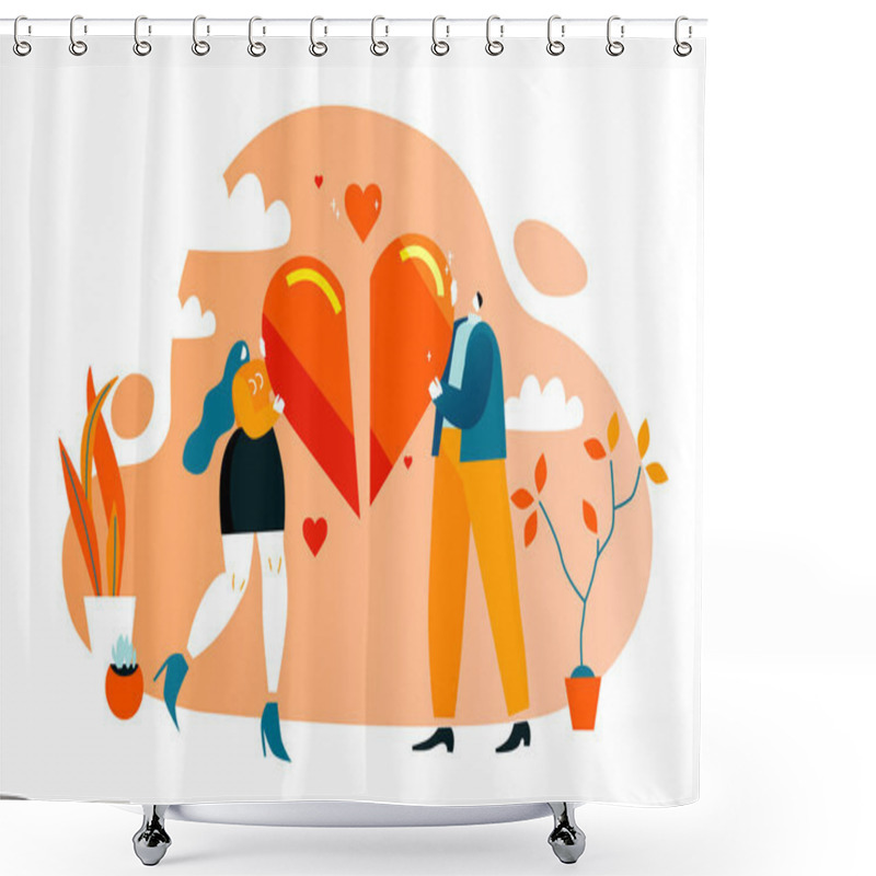 Personality  Characters Hold Heart Halves. Vector Illustration EPS 10 Isolated On White Shower Curtains