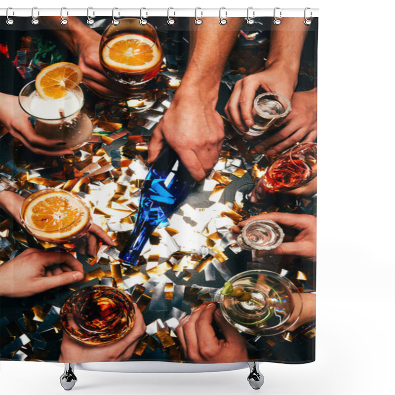 Personality  Partial View Of Friends With Various Alcoholic Cocktails Playing Spin The Bottle At Table Covered By Golden Confetti  Shower Curtains