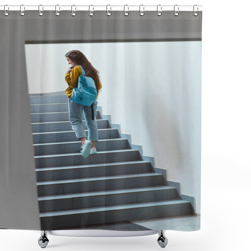 Personality  Rear View Of Schoolgirl With Backpack Walking Upstairs Shower Curtains