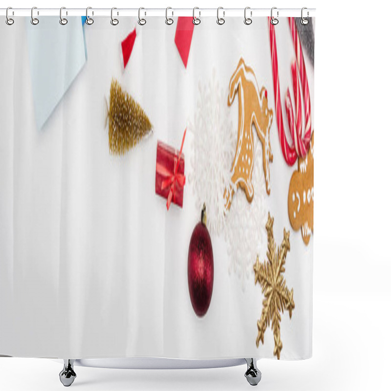 Personality  Website Header Of Cookies And Candi Canes Near Christmas Baubles On White Background Shower Curtains