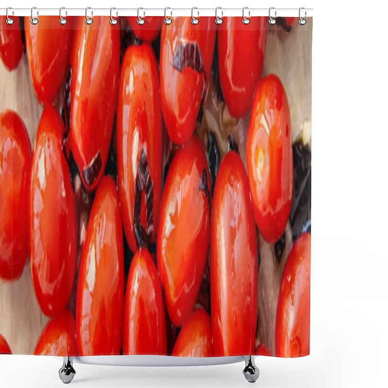 Personality  Horizontal Image Of Tomatoes With Cut Basil Leaves On Baking Paper  Shower Curtains