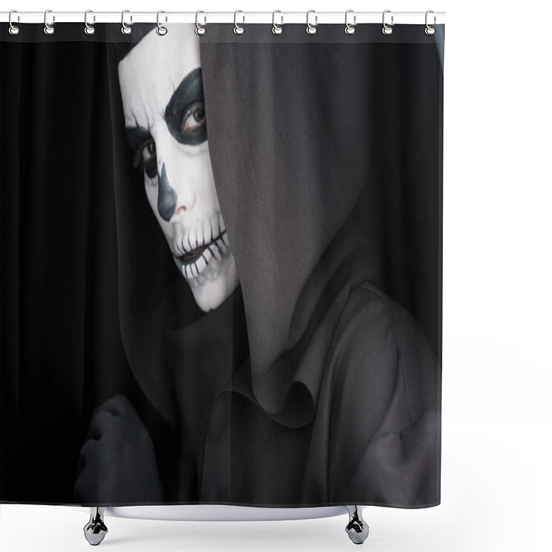 Personality  Woman With Skull Makeup Looking At Camera Isolated On Black Shower Curtains