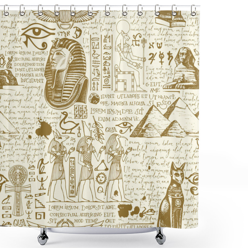 Personality  Vector Seamless Pattern On The Theme Of Ancient Egypt With Hand-drawn Egyptian Gods And Handwritten Text Lorem Ipsum. Monochrome Abstract Background. Wallpaper, Wrapping Paper, Fabric In Retro Style Shower Curtains