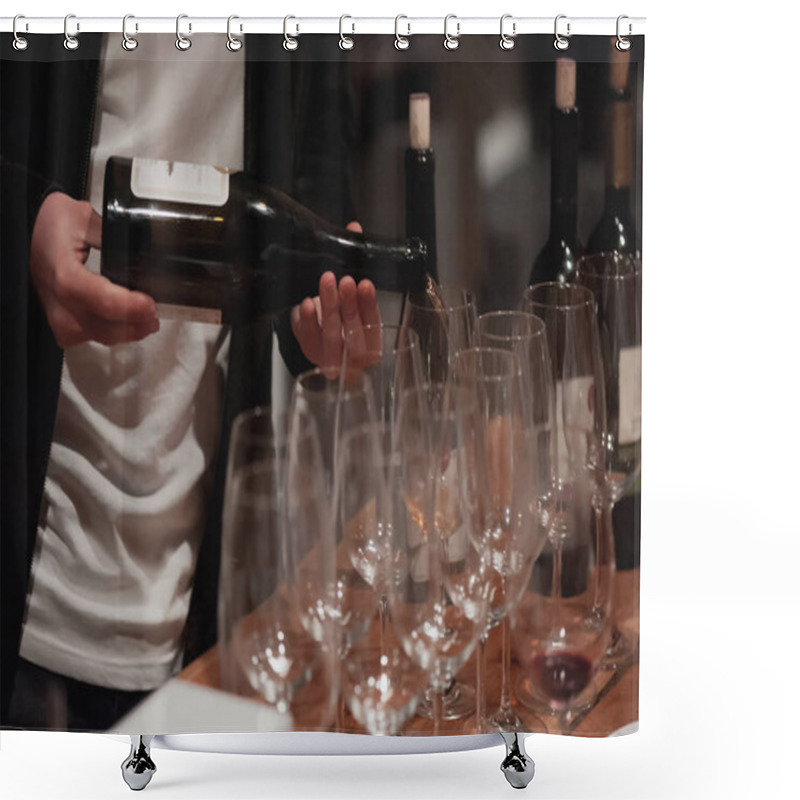 Personality  Male Sommelier Pouring Red Wine Into Long-stemmed Wineglasses. Shower Curtains