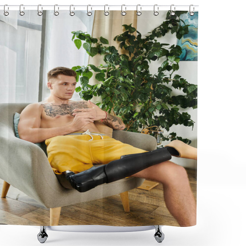 Personality  A Handsome Young Man Sits Comfortably In A Chair, Showcasing His Prosthetic Leg While Relaxed. Shower Curtains