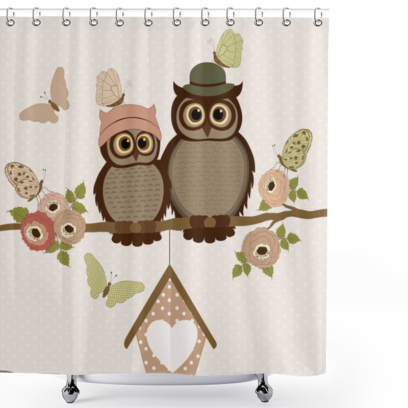 Personality  Cute Owls On A Branch With Roses  Shower Curtains