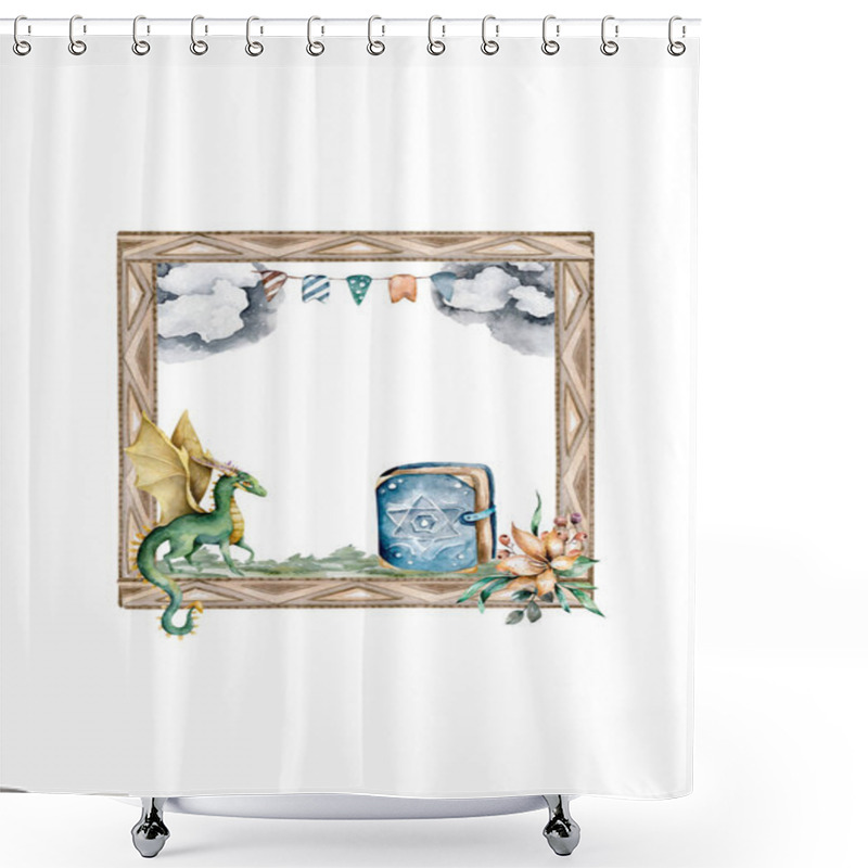 Personality  Frame Of Fairytal Dragong. Greering, Invite Card. Fantasy Square Banner. Isolated. Hand Drawn Watercolor Art Shower Curtains