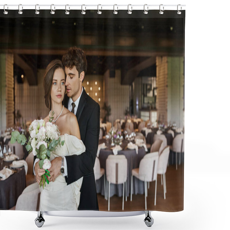 Personality  Elegant Man With Closed Eyes Embracing Young Bride With Wedding Bouquet In Modern Event Hall Shower Curtains