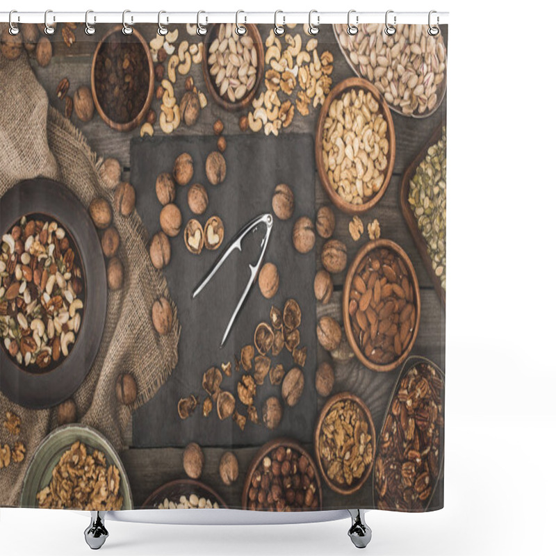 Personality  Various Nuts On Wooden Table Top Shower Curtains