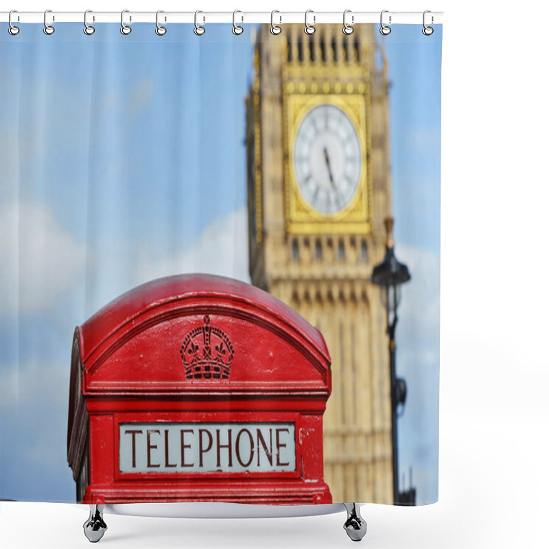 Personality  View Of Traditional British Red Telephone Box With The Clock Tower  Shower Curtains