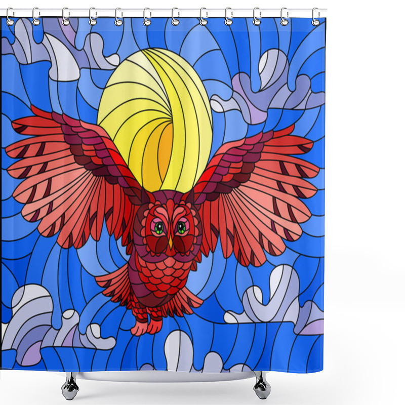 Personality  Illustration In Stained Glass Style With Abstract Red  Wild Owl Flying Against The Sky And Sun Shower Curtains