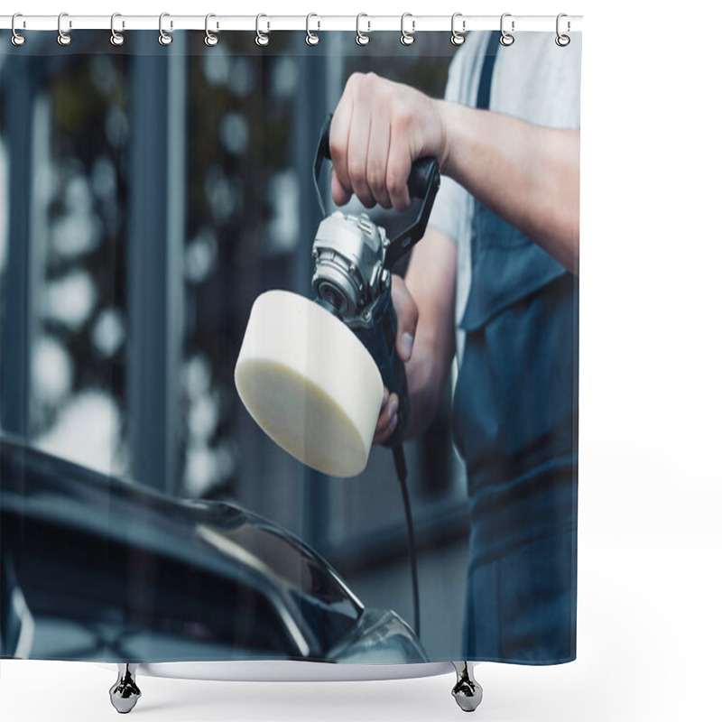 Personality  Cropped View Of Car Cleaner Polishing Car With Buffer Machine Shower Curtains