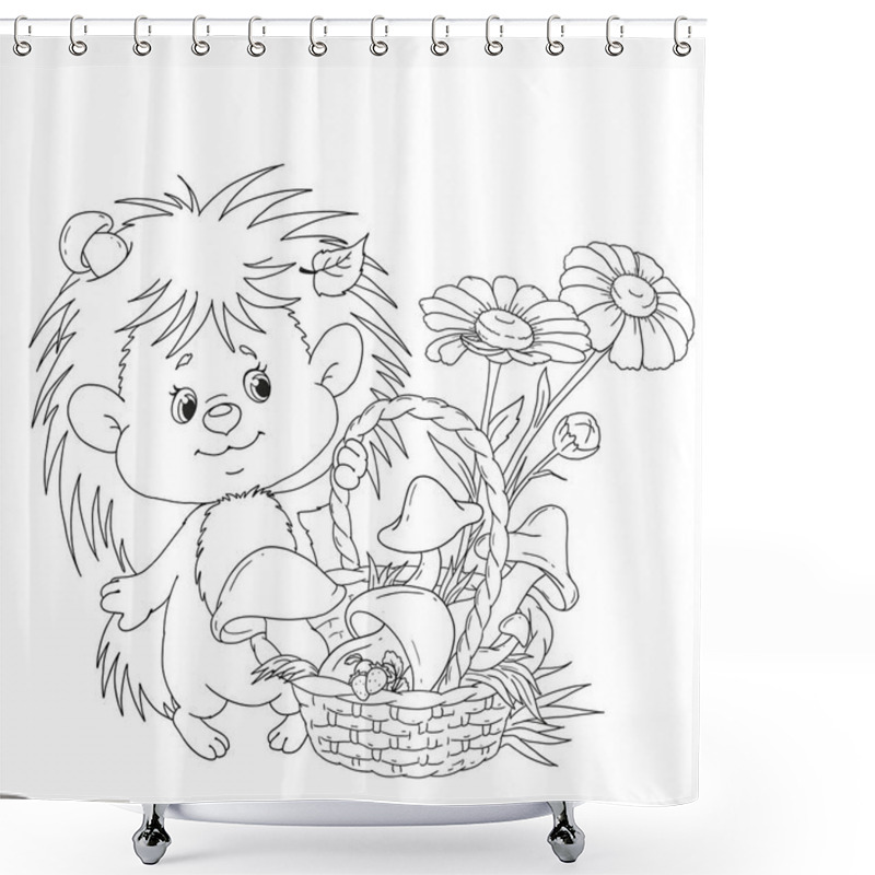 Personality  Nice Hedgehog With A Basket. A Cartoon Character Is A Hedgehog With Mushrooms And Flowers. Vector Illustration For Coloring Book. Hand Drawing. Shower Curtains