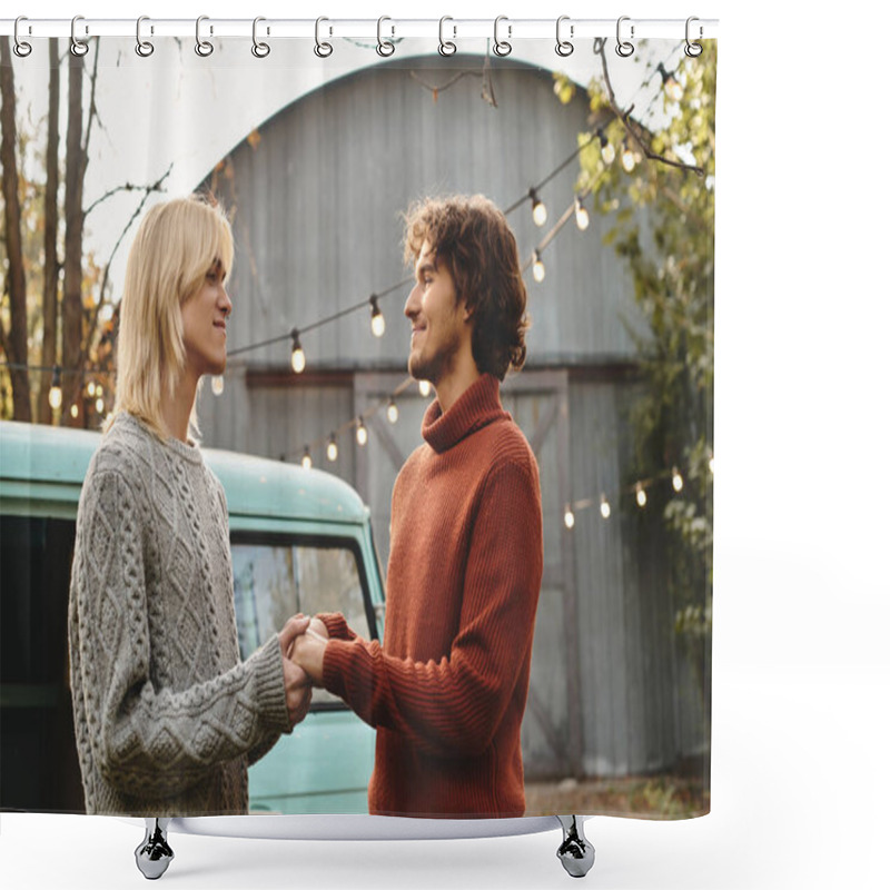 Personality  Two Young Men Share A Warm Gaze While Holding Hands, Surrounded By Softly Lit Autumn Ambiance. The Backdrop Features A Vintage Green Van And Trees, Creating A Romantic Atmosphere. Shower Curtains