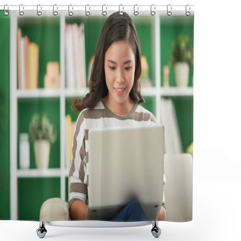 Personality  Pretty Smiling Asian Woman Working On Laptop At Home  Shower Curtains