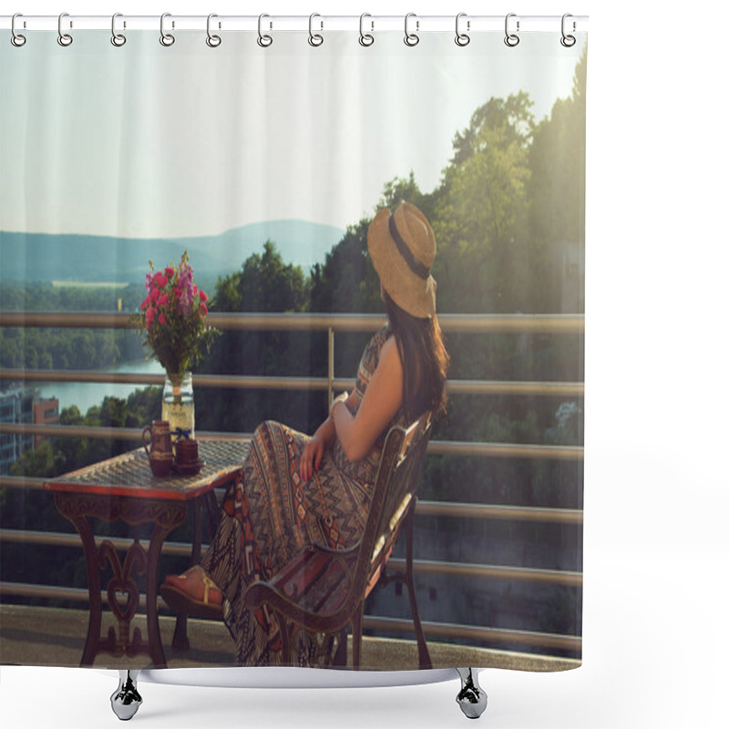 Personality  Woman Is Drinking Coffee On Balcony Shower Curtains