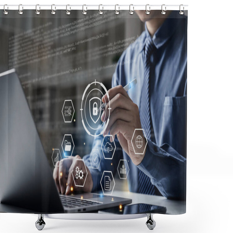 Personality  Businessman Working On Laptop With Cyber Security Network.  Padlock Icon And Internet Technology Networking. Shower Curtains