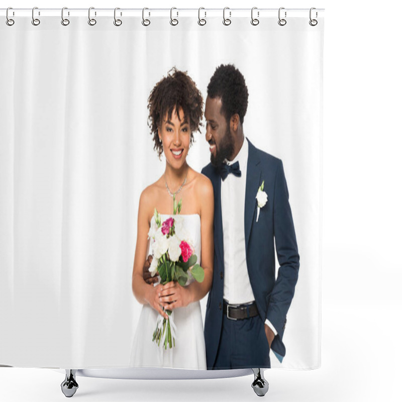 Personality  Happy African American Bride Holding Bouquet Near Bridegroom Standing With Hand In Pocket  Isolated On White  Shower Curtains