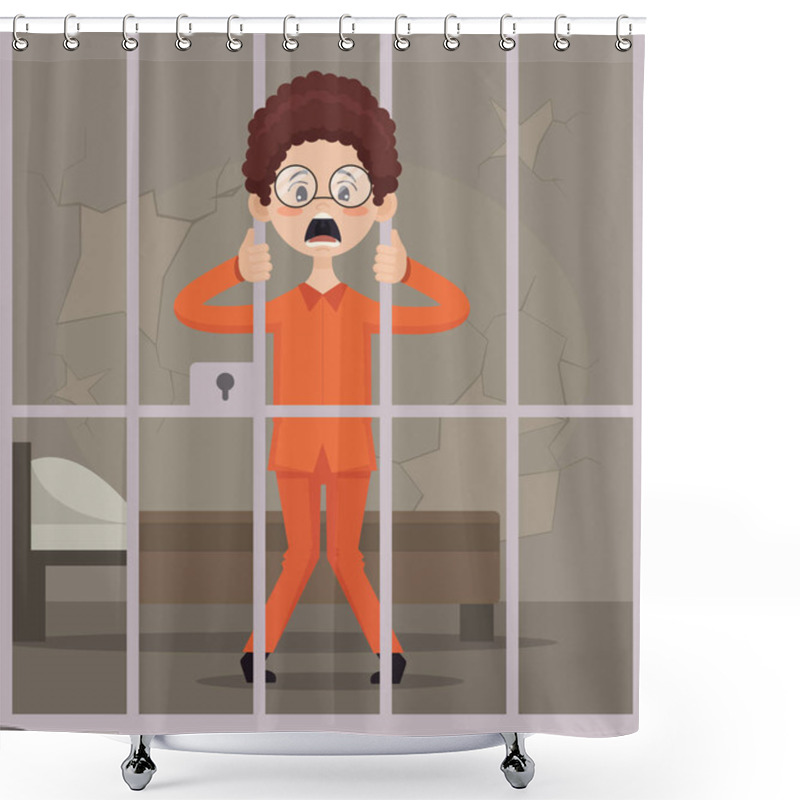 Personality  Prisoner Man Character In Jail. Vector Flat Cartoon Illustration Shower Curtains