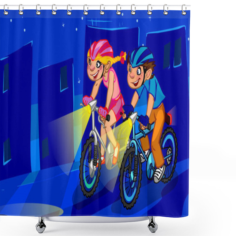 Personality  The Illustration Of Cartoon Teenagers Cycling At Night City. Shower Curtains