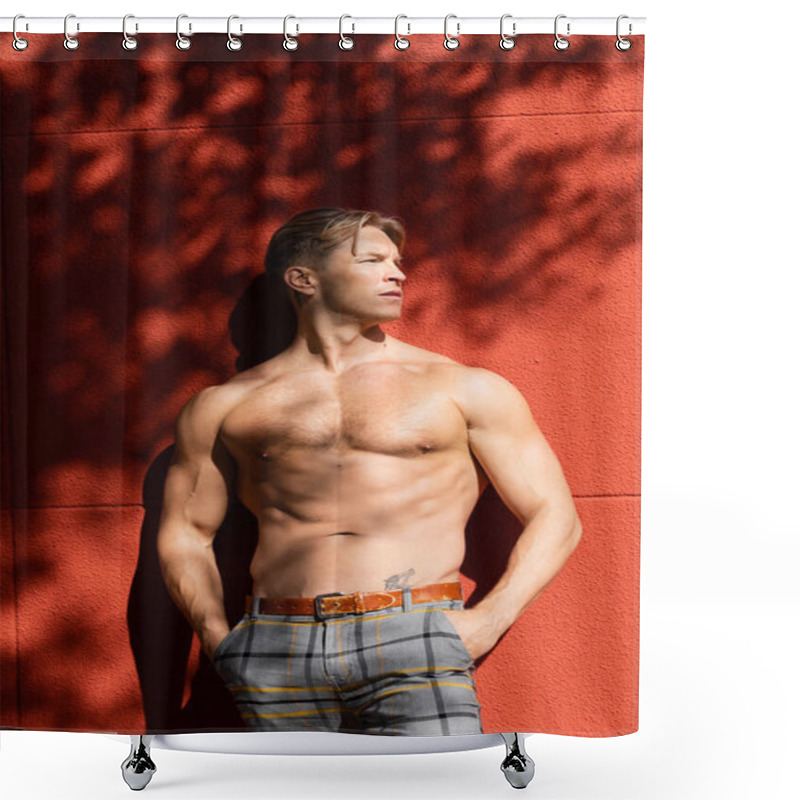 Personality  A Shirtless, Muscular Blonde Man Poses Against A Red Wall, His Hands In His Pockets, While Looking Off To The Side. Shower Curtains