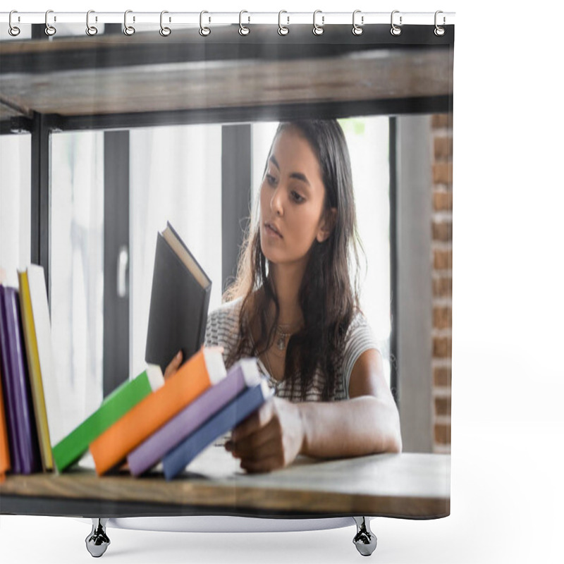 Personality  Selective Focus Of Bi-racial Student Holding Book In Apartment  Shower Curtains