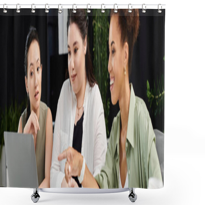 Personality  A Vibrant Discussion Among Three Elegant Businesswomen Working In An Office Space. Shower Curtains