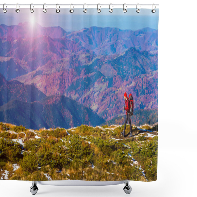 Personality  Hiker Walking On Mountain Ridge With Backpack Autumnal Landscape And Sun Shower Curtains