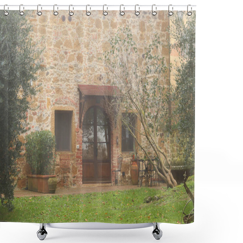 Personality  Tuscany, Italy - November 26, 2024: Charming Tuscan Stone Facade With Rustic Details, Arched Wooden Door, Potted Plants And Outdoor Furniture Surrounded By Olive Trees. Medieval Castle-hotel Courtyard Shower Curtains