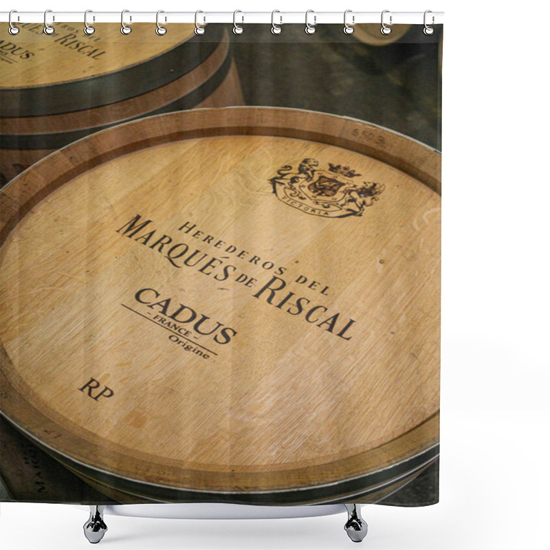 Personality  Elciego, Spain - 28 Dec, 2024: Wine Barrels In The Cellars Of The Marque De Riscal Winery, Rioja Alvesa, Spain Shower Curtains