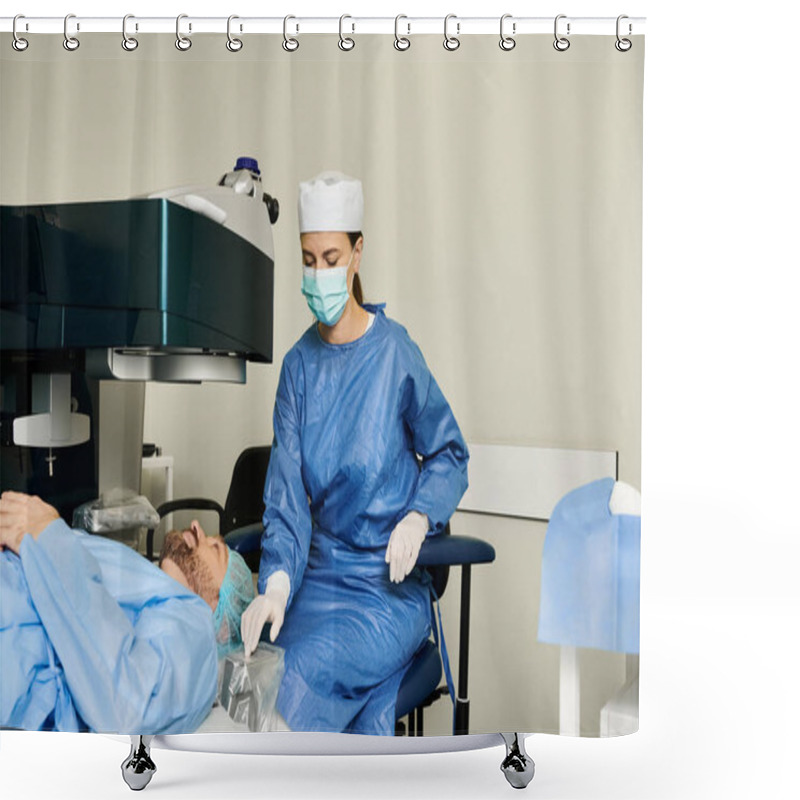 Personality  Woman In Surgical Gown And Man In Chair At Doctors Office For Laser Vision Correction. Shower Curtains