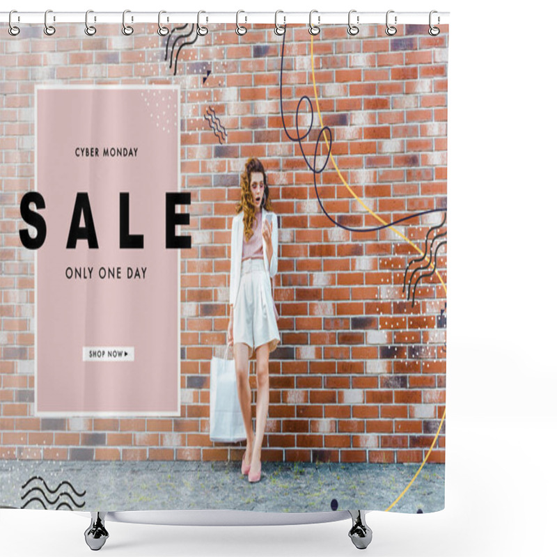 Personality  Shocked Young Woman With Shopping Bags Using Smartphone In Front Of Brick Wall, Cyber Monday Banner Shower Curtains