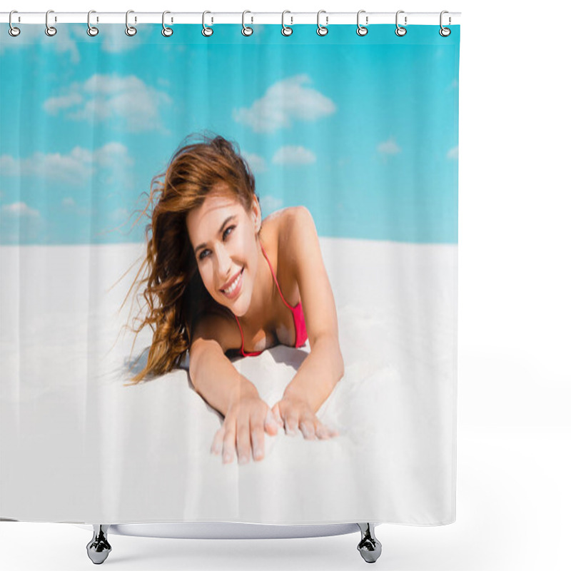 Personality  Smiling Beautiful Sexy Girl In Swimsuit Lying On Sandy Beach With Blue Sky And Clouds At Background Shower Curtains