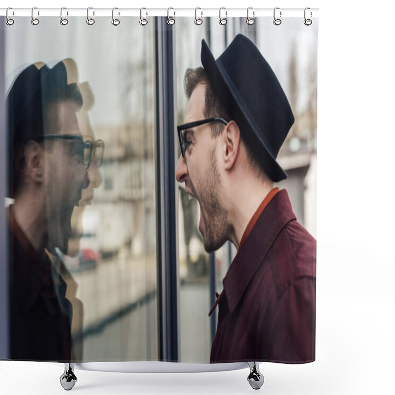 Personality  Angry Man In Hat Screaming On His Reflection In Window  Shower Curtains