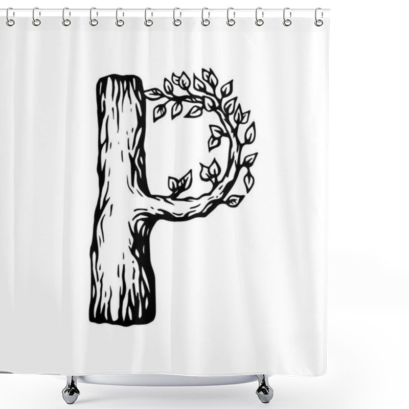 Personality  Black Engraving Letter P Made Of Wood With Leaves On The White Background Shower Curtains