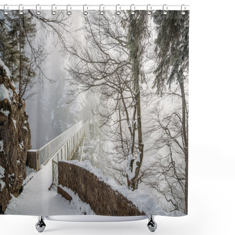 Personality  Scenic View Of Trees And Bridge In Snow Near Neuschwanstein Castle, Germany Shower Curtains