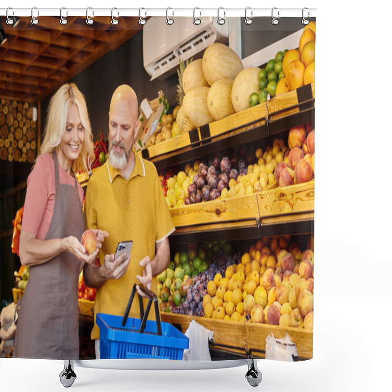 Personality  Good Looking Bearded Man With Phone And Shopping Basket Looking At Peach In Hands Of Jolly Seller Shower Curtains