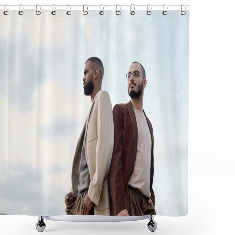 Personality  Two Handsome Men Showcase Autumn Fashion While Enjoying The Serene Beauty Of Nature In A Sunny Field. Shower Curtains