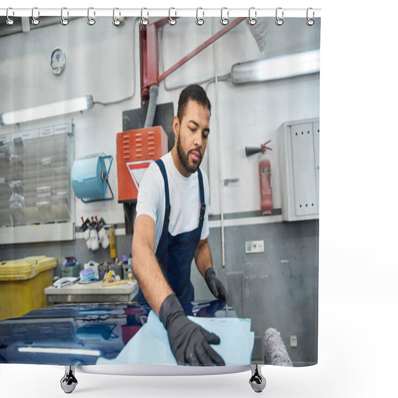 Personality  Passionate Young Mechanic Works Hard To Restore A Cars Shine In A Busy Workshop Environment. Shower Curtains