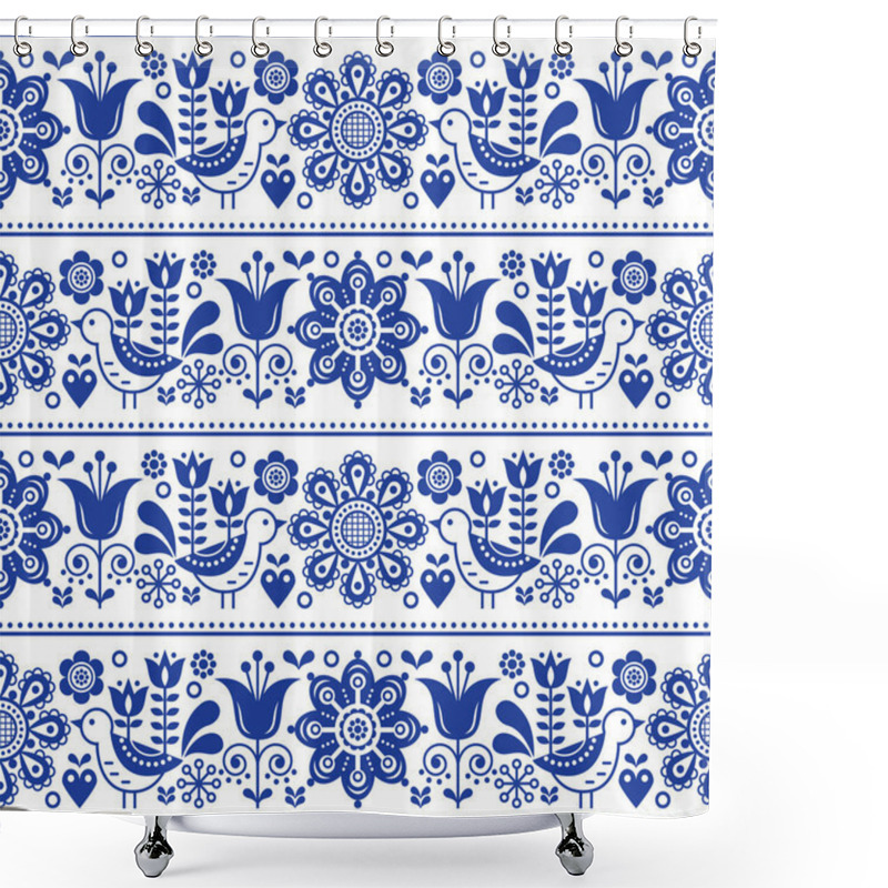 Personality    Scandinavian Folk Art Seamless Vector Design With Flowers And Birds, Cute Repetitive White And Navy Blue Pattern   Shower Curtains