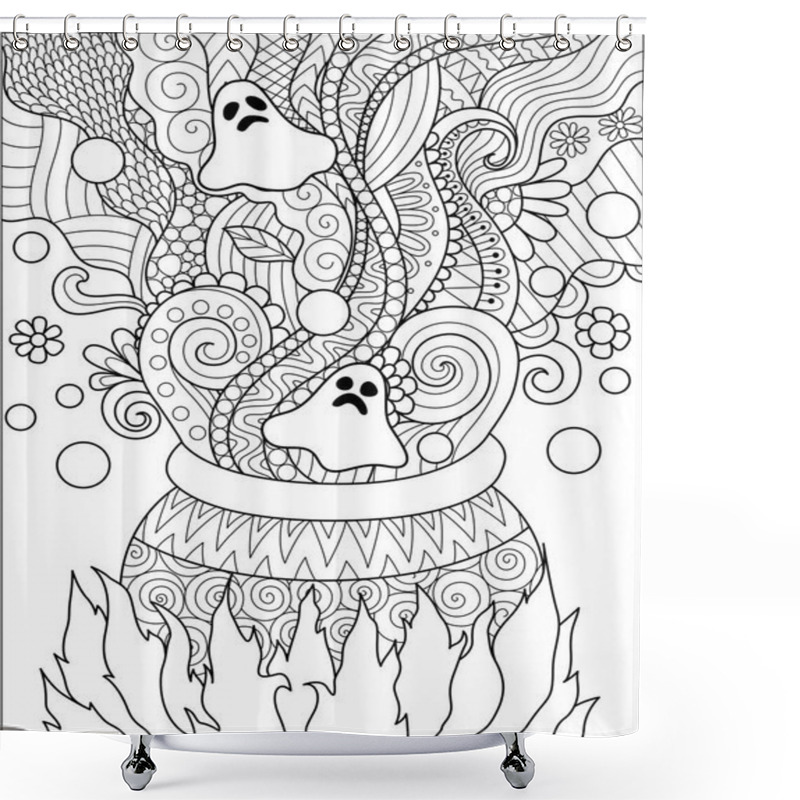 Personality  Line Art Design Of Cauldron Boiling Poison For Halloween Card, Invitation And Adult Coloring Book Page.Vector Illustration Shower Curtains