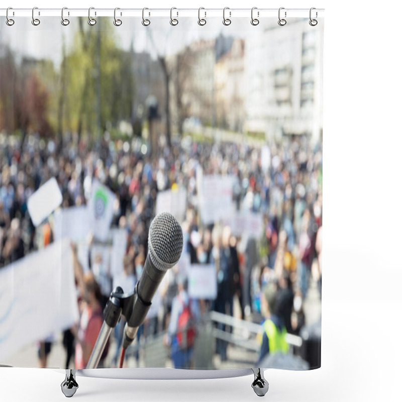 Personality  Protest Or Public Demonstration, Focus On Microphone, Blurred Group Of People In The Background Shower Curtains