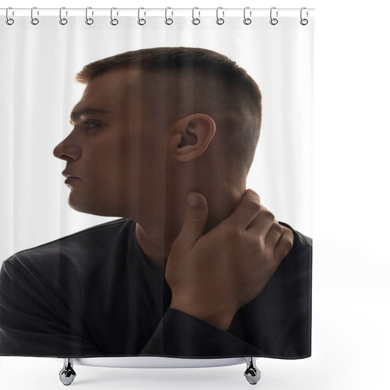 Personality  A Young Man With A Striking Profile Poses Thoughtfully In Soft, Serene Lighting. Shower Curtains