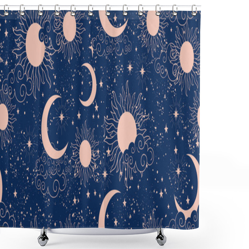 Personality  Seamless Blue Space Pattern With Sun, Crescent And Stars On A Blue Background. Mystical Ornament Of The Night Sky For Wallpaper, Fabric, Astrology, Fortune Telling. Vector Illustration. Shower Curtains