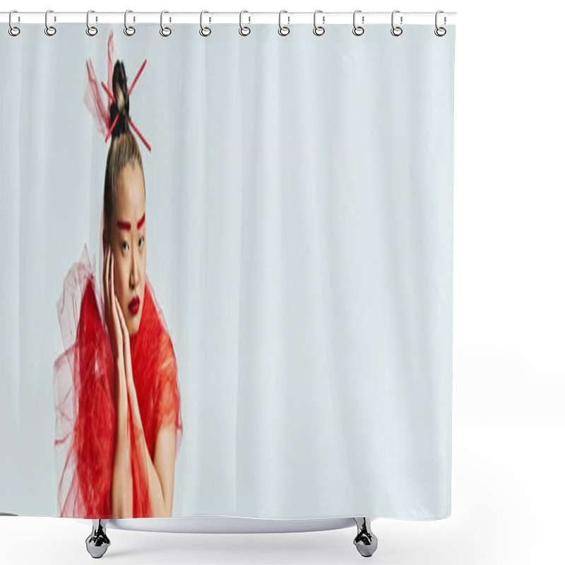 Personality  A Vibrant Asian Woman In A Striking Red Dress Posing With Red Veil. Shower Curtains