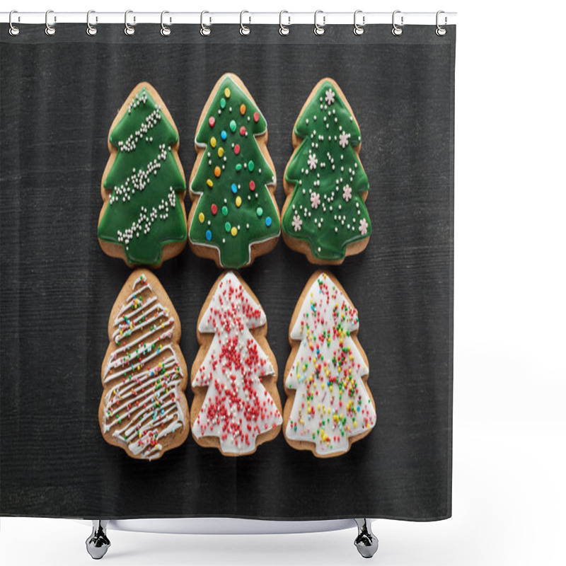 Personality  Flat Lay With Delicious Glazed Christmas Tree Cookies On Black Background Shower Curtains