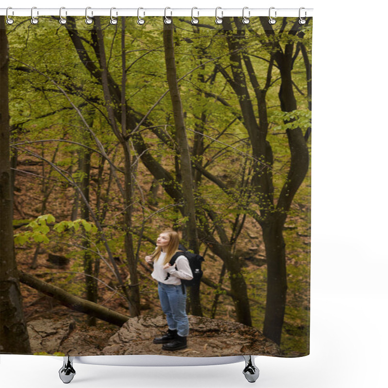 Personality  Blonde Woman Hiker With Backpack Walking Through A Forest  For Adventure Backpacking In Nature Shower Curtains