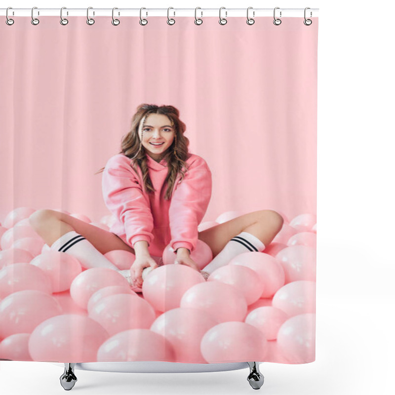 Personality  Pretty Smiling Woman Sitting On Floor With Lots Of Pink Balloons On Pink Background Shower Curtains