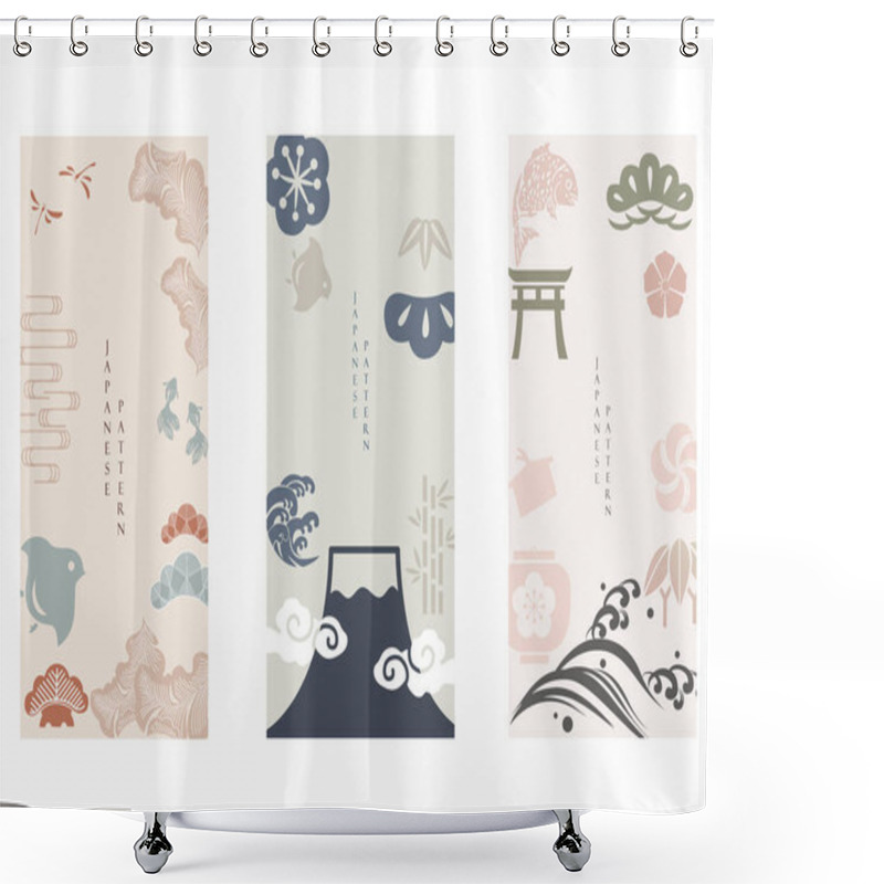 Personality  Japanese Background With Asian Tradition Icon And Symbol Vector. Fuji Mountain Element With Template And Banner Design. Card Design In Vintage Style. Shower Curtains